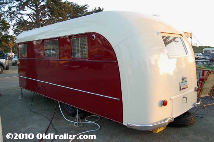 Rear view of a beautifully restored 1949 Vagabond trailer
