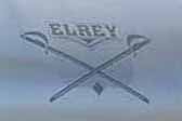 El Rey crossed-swords logo decal on the front of a 1956 El Rey vintage trailer