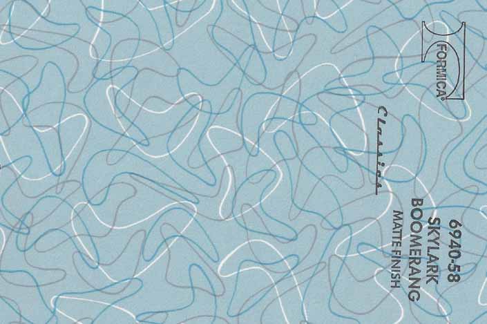 Vintage formica laminate sample chip; Skylark Blue Boomerang pattern #6940-58