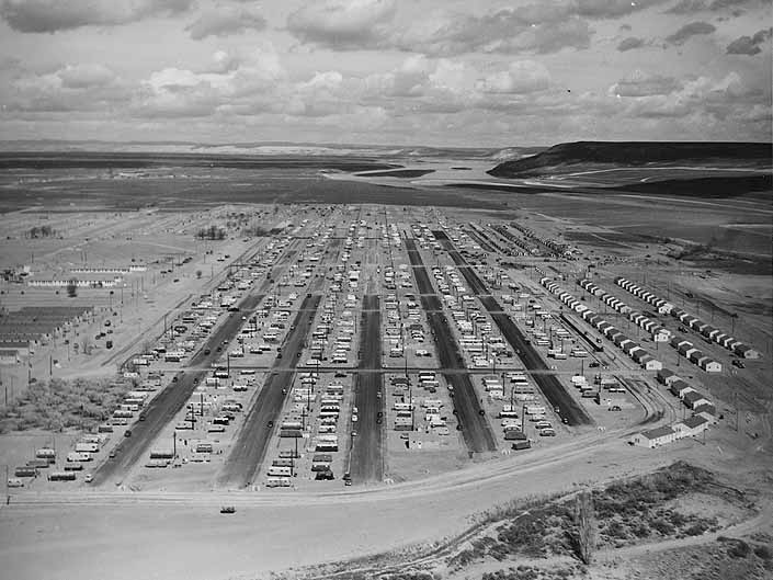 Government photo provides an aerial view of a huge collection of worker's vintage trailers, at the Project Hanford Trailer City in Washington