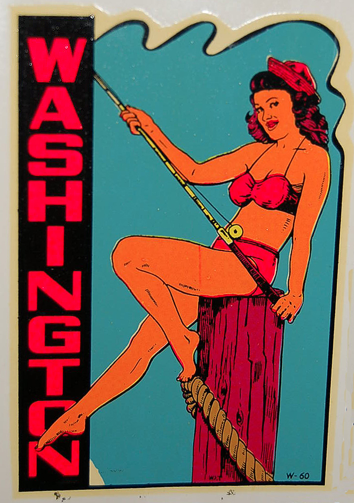 Rare Souvenir Travel Decal from Washington State, shows cute bikini-clad girl with a fishing pole