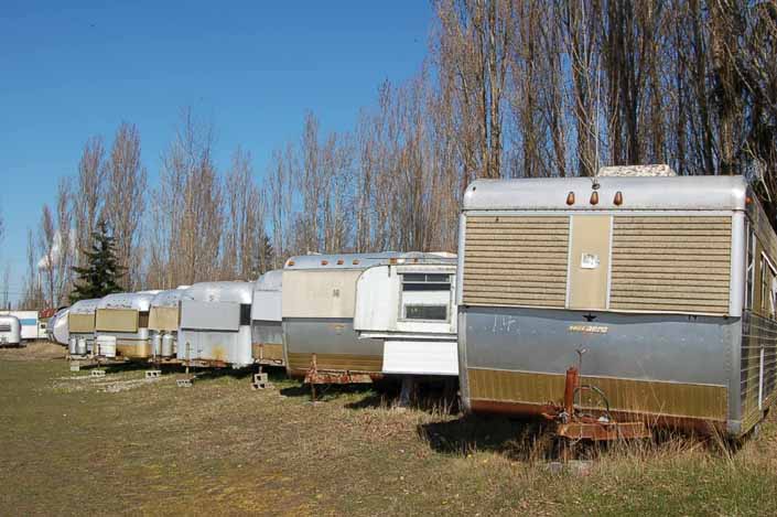 Large collection of Silver Streak Trailers stored in a vintage trailer Junk Yard