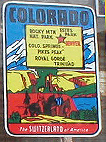 Vintage Travel Decal highlights popular mountain parks in Colorado, with the slogan: The Switzerland of American