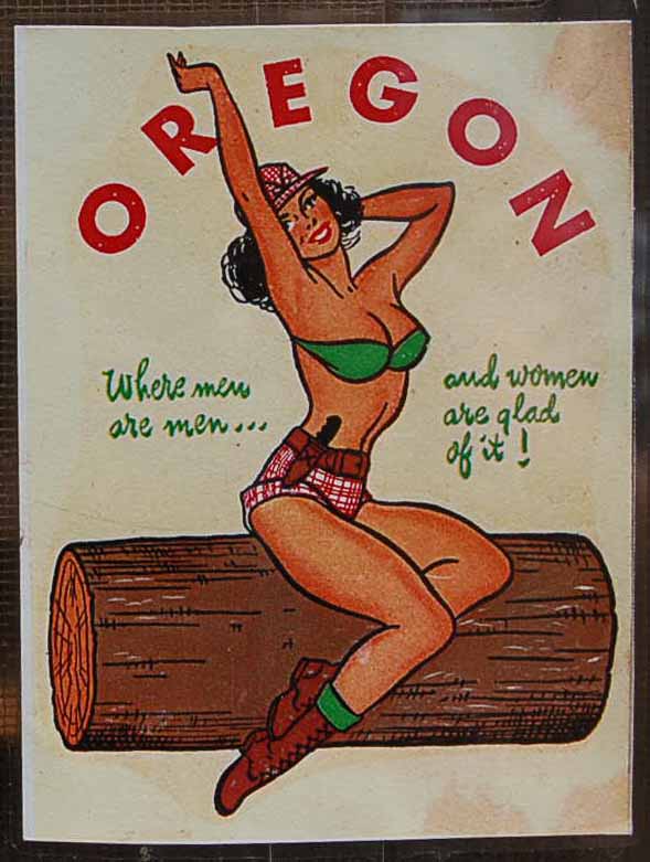 Vintage Travel Decal From Oregon Shows Pinup Girl Sitting on a Log