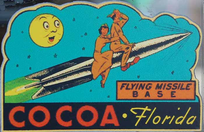 Flying Missle Base, Cocoa Florida Vintage Travel Decal Features Soldiers Straddling Rocket