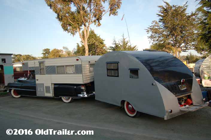 This vintage towing rig is a vintage cadillac pulling a 1947 komfort koach teardrop Trailer