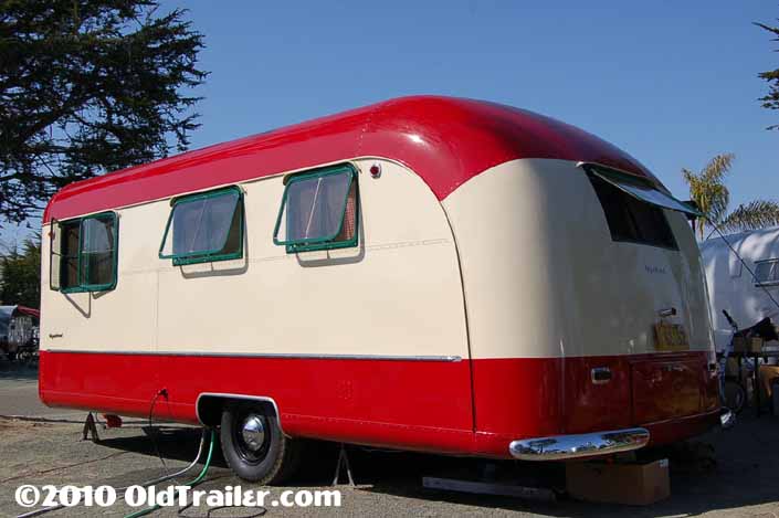 This restored 1950 Vagabond trailer has the original swing out window frames