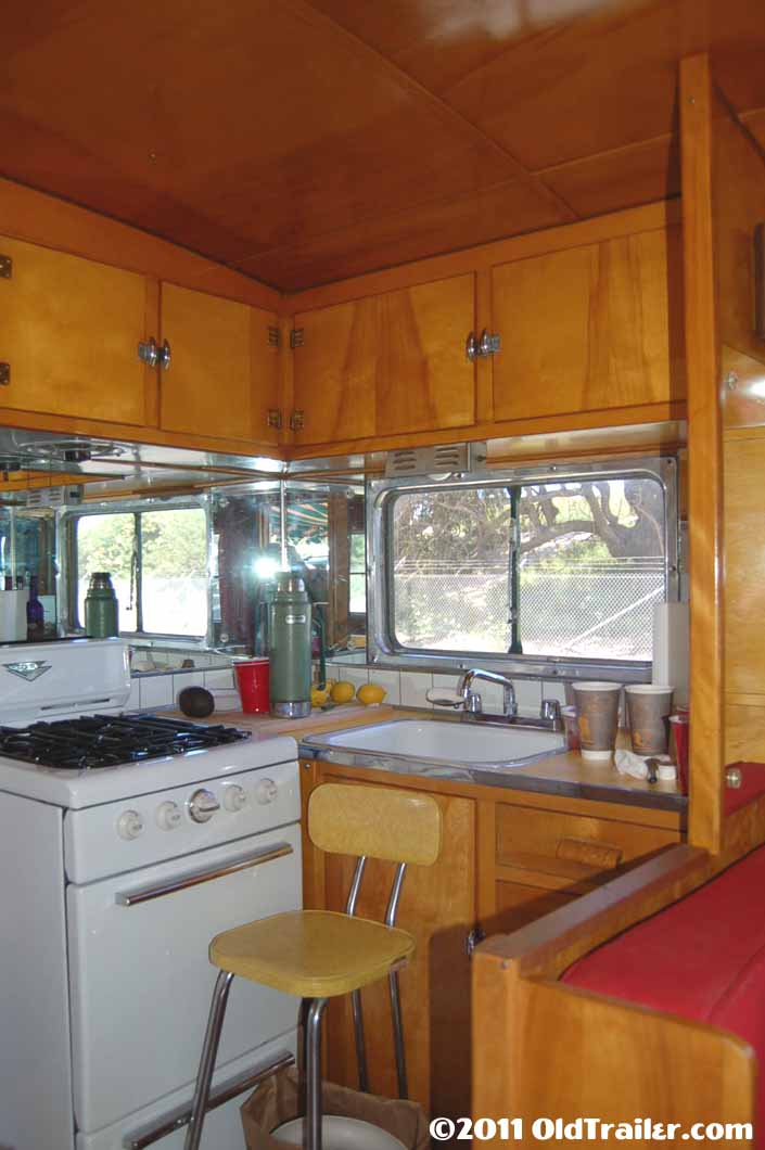 1950 Vagabond travel trailer galley area and original gas stove