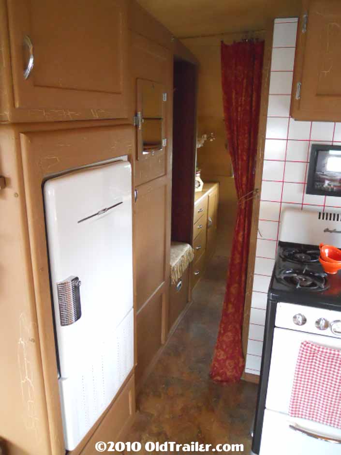 An original fridge in a 1950 Vagabond trailer