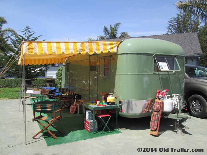 Yellow striped side awning on a vintage 1951 Vagabond trailer