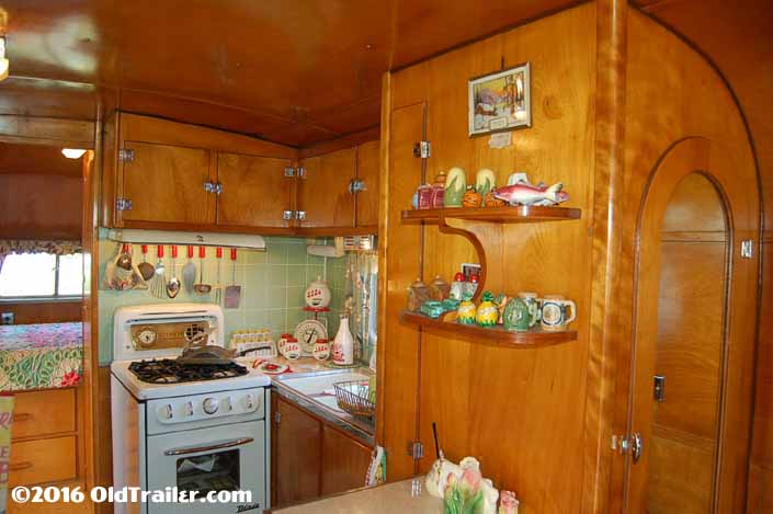 This 1951 Vagabond trailer has classic shelving for knick knacks