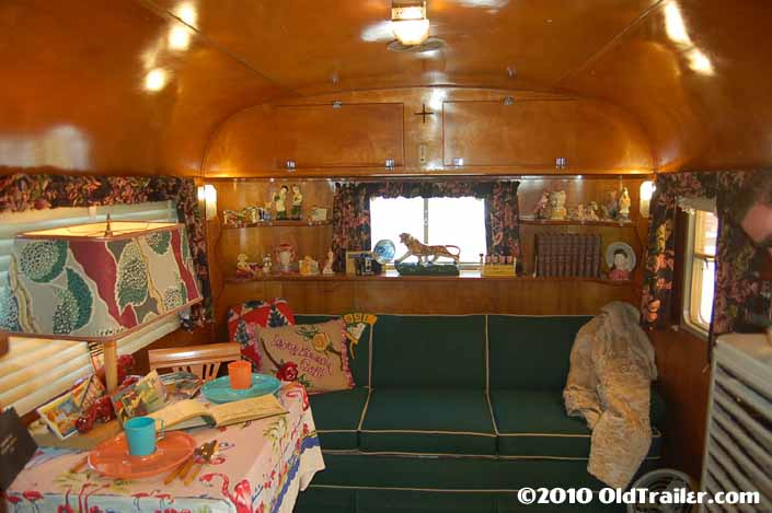 1951 Vagabond trailer with curio shelves in the front living room