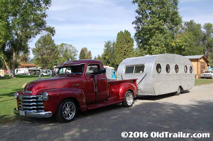This vintage towing rig is a vintage chevy pickup truck pulling a 1952 airfloat vintage trailer
