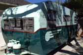 Beautifully restored vintage 1953 Aljoa travel trailer in 2 tone green paint
