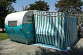 Classic 1955 Aljoa Trailer with blue and white striped side awning, Ready For Camping