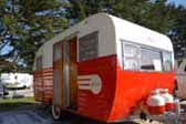 Re-finished classic wooden screen door in 1955 Aljoa Travel Trailer