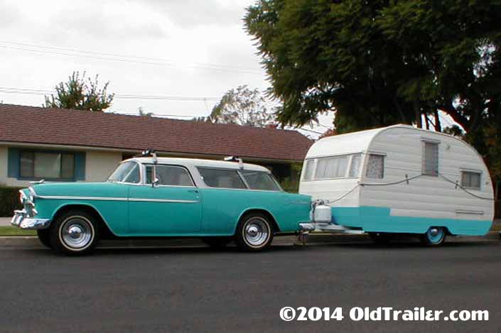 This vintage towing rig is a vintage 1955 chevy nomad station wagon pulling a vintage 1955 shasta trailer