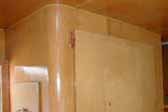 Birch cabinet showing rounded corner detail, in a 1955 Shasta Travel Trailer