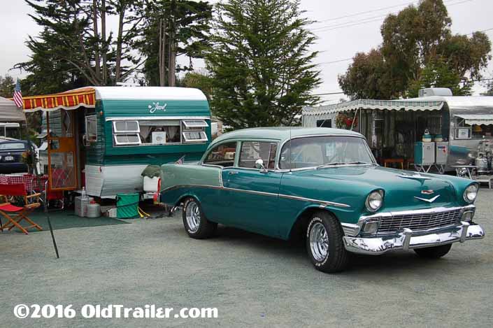 This vintage towing rig is a 1956 chevy 210 2 door sedan pulling a vintage 1957 jewel trailer