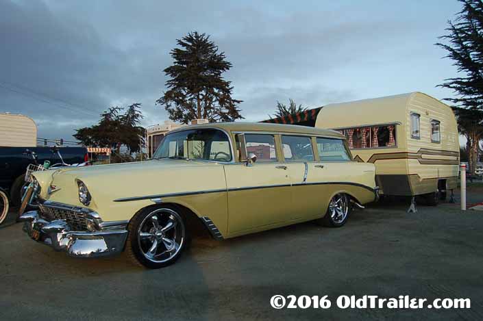 This vintage towing rig is a 1956 Chevy 210 Station Wagon pulling a 1959 Vintage Winnebago Trailer