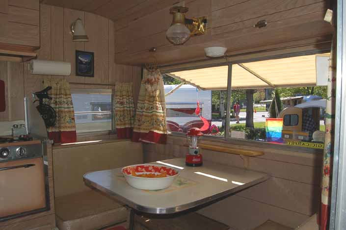 Photo shows the original interior in a 1966 Aladdin Magic Carpet Trailer