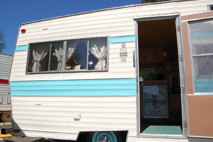 Side entry door in an Aladdin Vintage Travel Trailer