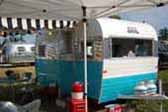 Nicely restored vintage Aloha travel trailer with sky blue and white paint colors