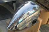 Photo shows streamlined styling on trailing end of art-deco helmet hand-crafted by Randy Grubb