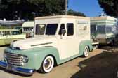 This is a 1950 ford milk truck vintage tow vehicle and matching vintage winnebago travel trailer