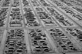 Government photo provides an aerial view of a huge collection of worker's vintage trailers, at the Hanford Trailer Camp in Washington