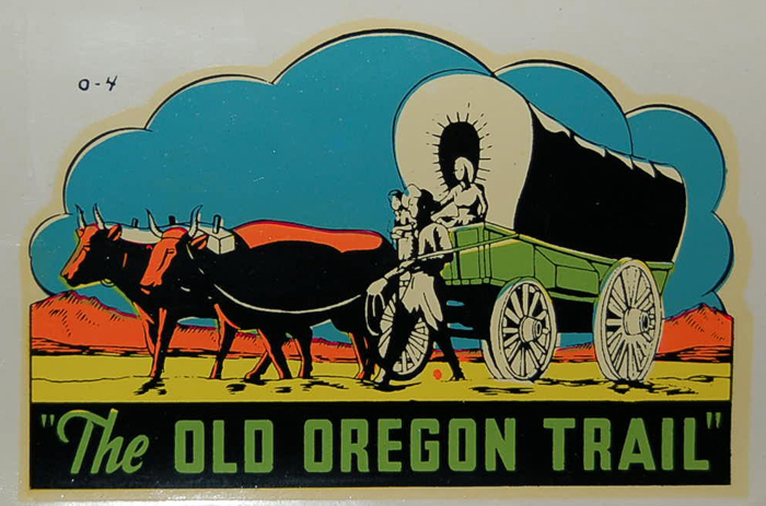 Souvenir Travel Decal features image of covered wagons heading west on the Old Oregon Trail
