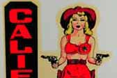 Sexy Vintage Souvenir Decal from California shows 1950's pinup girl as bikini clad cowgirl with guns!