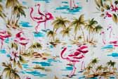 This photo shows a swatch of retro fabric with a palm trees and pink flamingos pattern, for your vintage trailer