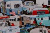 This image is a sample of a great looking retro fabric pattern with vintage trailers and pickup trucks, for your vintage trailer