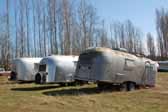 Group of vintage Airstream trailers awaiting restoration, are parked at a vintage trailer storage yard