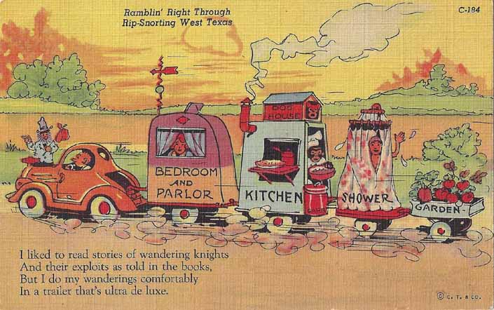 Vintage Travel Trailer humor linen postcard