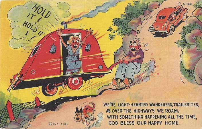 Vintage Trailer Camping Comic Postcard