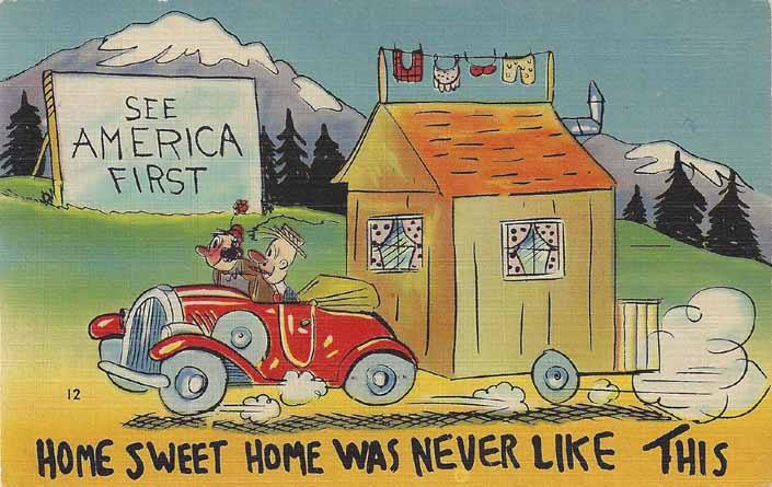 Vintage Trailer linen comic postcard