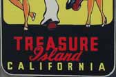 Fun Vintage Travel Decal Shows a Sailor on Shore Leave With a Girl on Each Arm, at Treasure Island in California