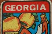 Vintage Travel Decal From the State of Georgia Features Their Famous Peaches and a Cute Georgia Peach Pinup Girl